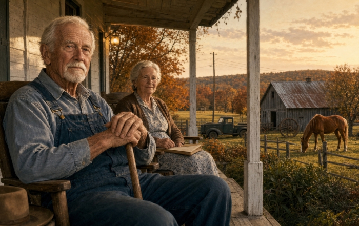 Elderly Almanzo and Laura Wilder portrayed on the porch at Rocky Ridge Farm.