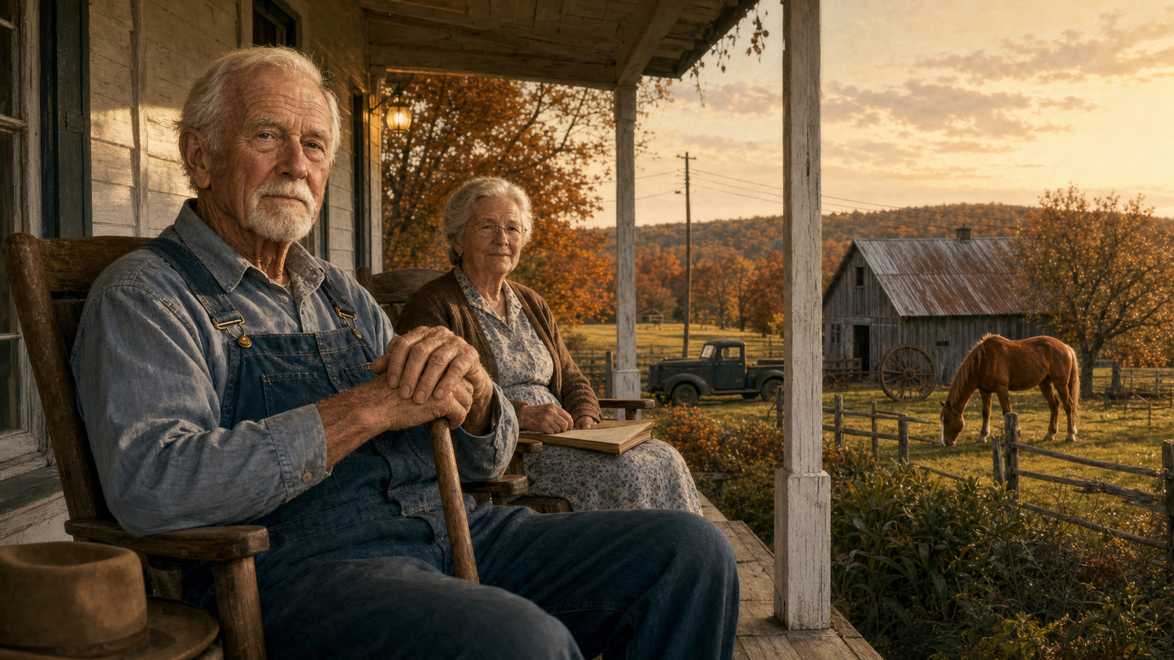 Elderly Almanzo and Laura Wilder portrayed on the porch at Rocky Ridge Farm.