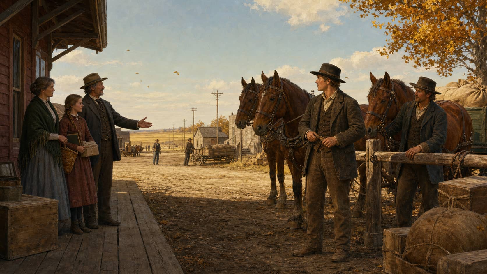 Almanzo Wilder meeting the Ingalls family beside his horses at the De Smet depot.