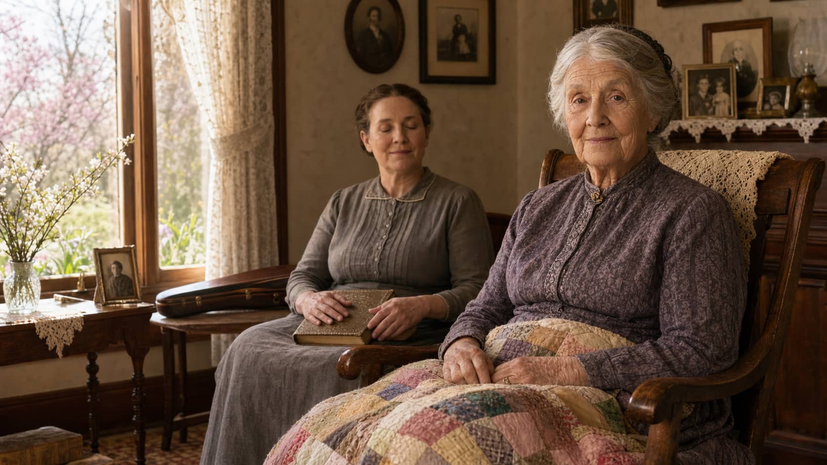 Elderly Caroline Ingalls portrayed at home with Mary, family photographs, and a patchwork quilt.