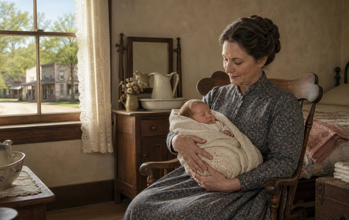 Caroline Ingalls at age 40 cradling newborn Grace in Burr Oak, Iowa.