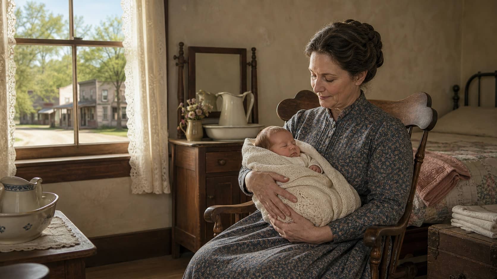 Caroline Ingalls at age 40 cradling newborn Grace in Burr Oak, Iowa.