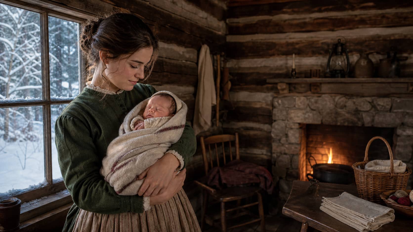 Young Caroline Ingalls holding newborn Mary inside a snowy Wisconsin log cabin.