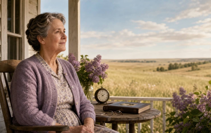 Grace Ingalls Dow portrayed on a farmhouse porch overlooking the South Dakota prairie.
