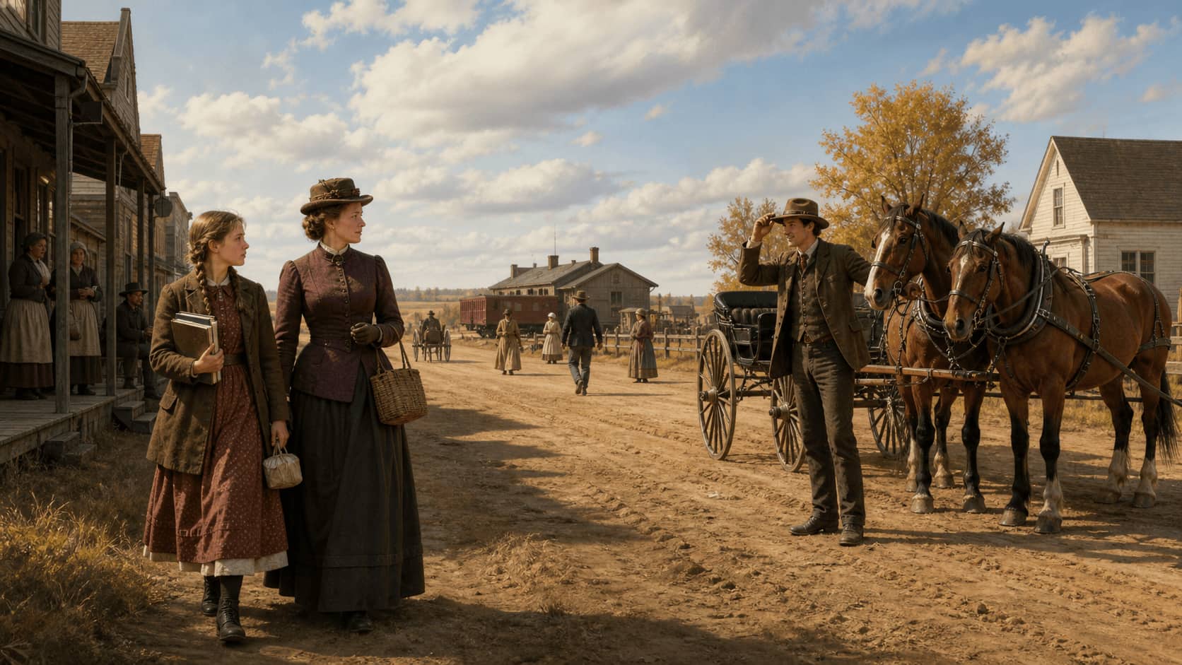 Teenage Laura Ingalls and her mother greeting Almanzo Wilder beside his horses in De Smet.