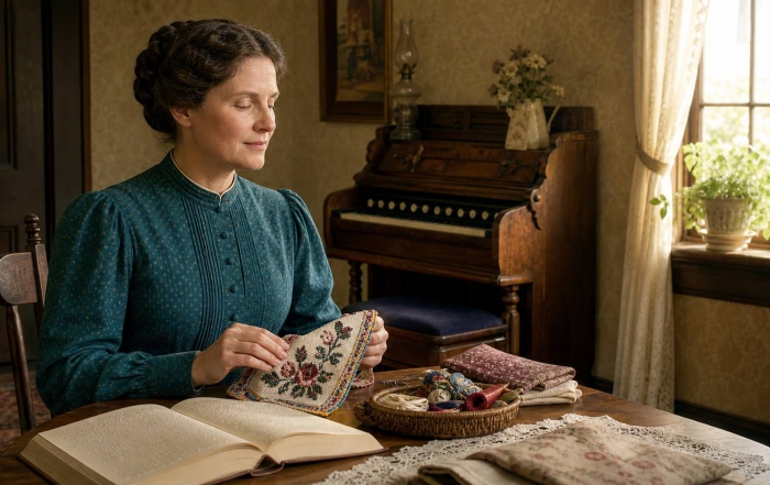Adult Mary Ingalls examining beadwork by touch beside a tactile book and organ.