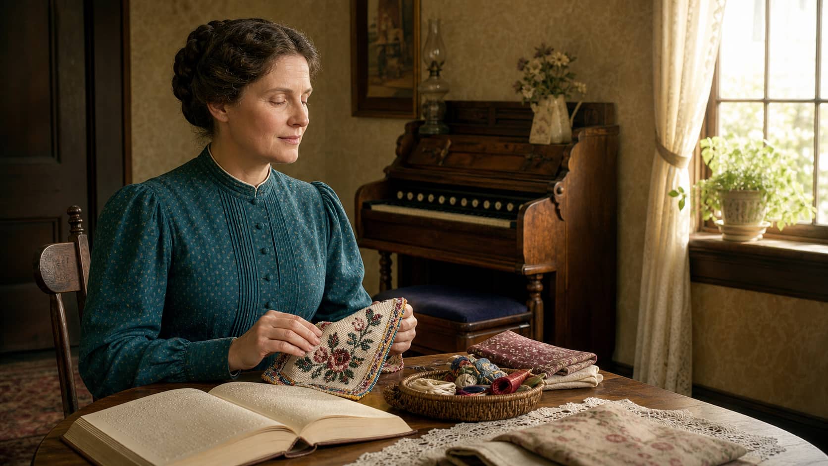 Adult Mary Ingalls examining beadwork by touch beside a tactile book and organ.