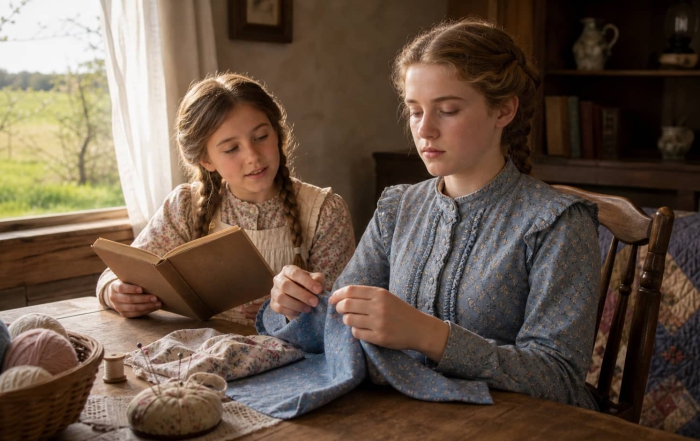 Fourteen-year-old Mary Ingalls learning to sew by touch while Laura reads beside her.