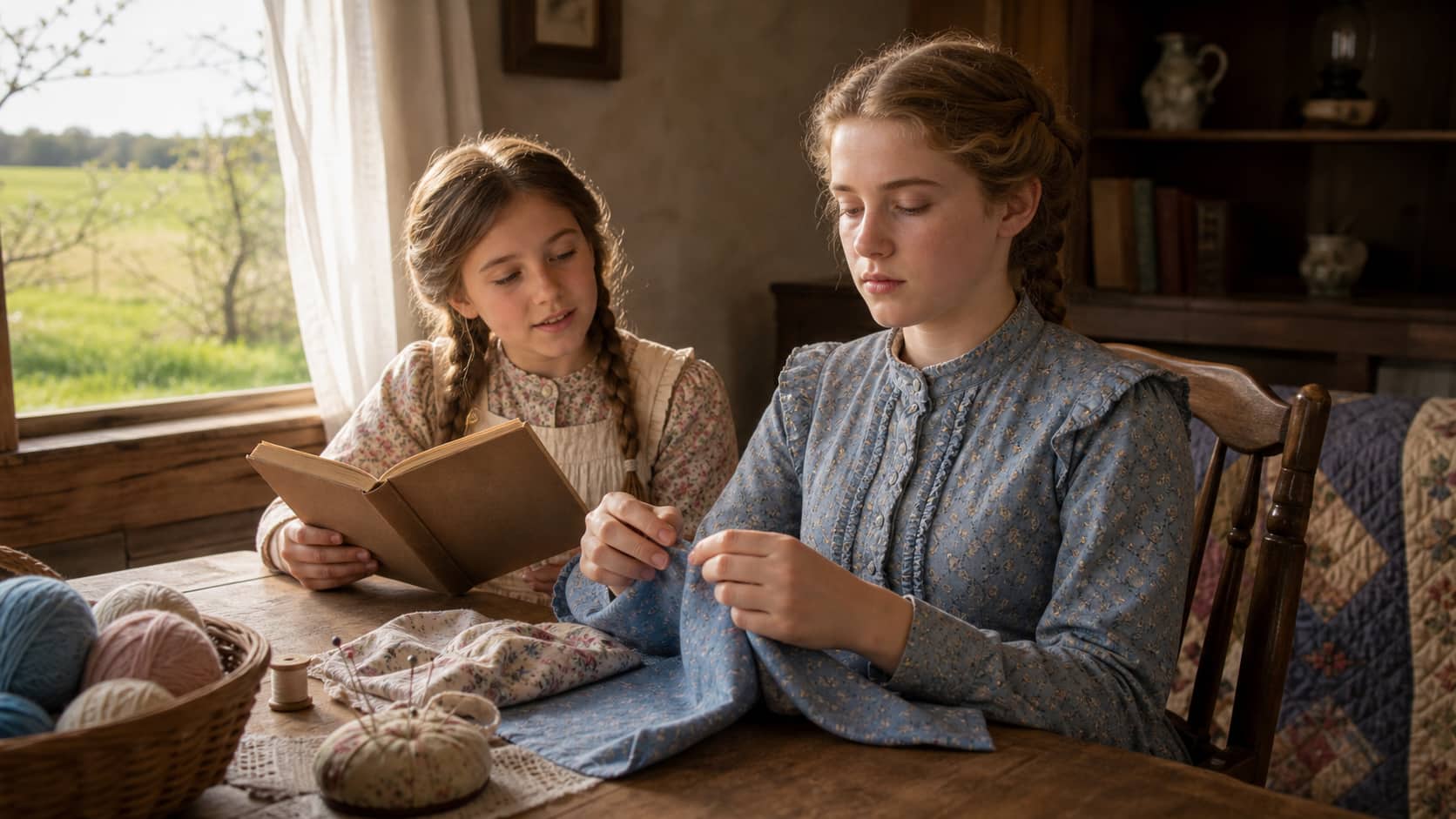 Fourteen-year-old Mary Ingalls learning to sew by touch while Laura reads beside her.