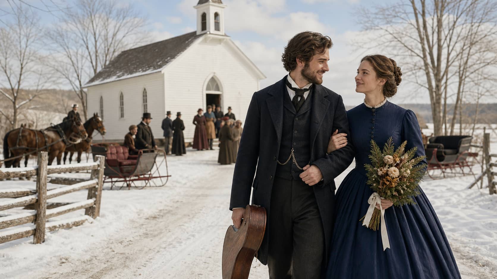 Young Charles and Caroline Ingalls portrayed after their winter wedding in Wisconsin.