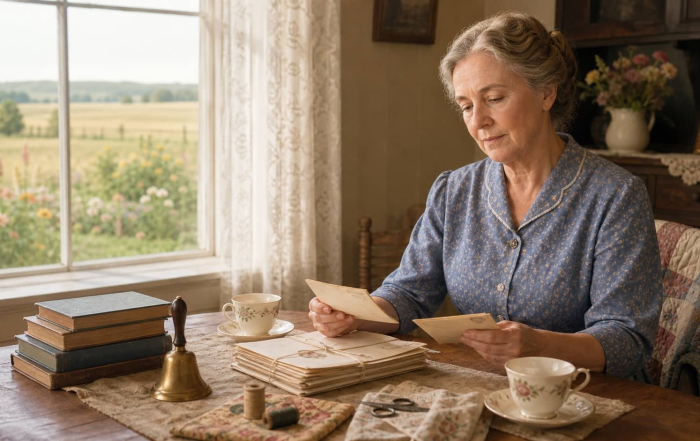 Grace Ingalls Dow portrayed sorting family letters in her South Dakota home.