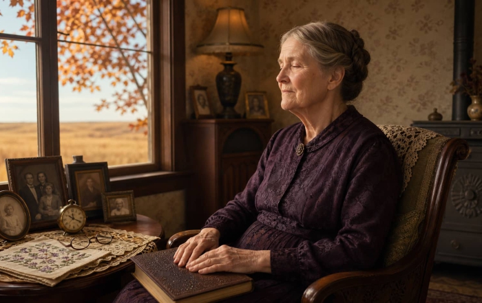 Mary Ingalls portrayed with a tactile book, needlework, and family photographs in autumn.