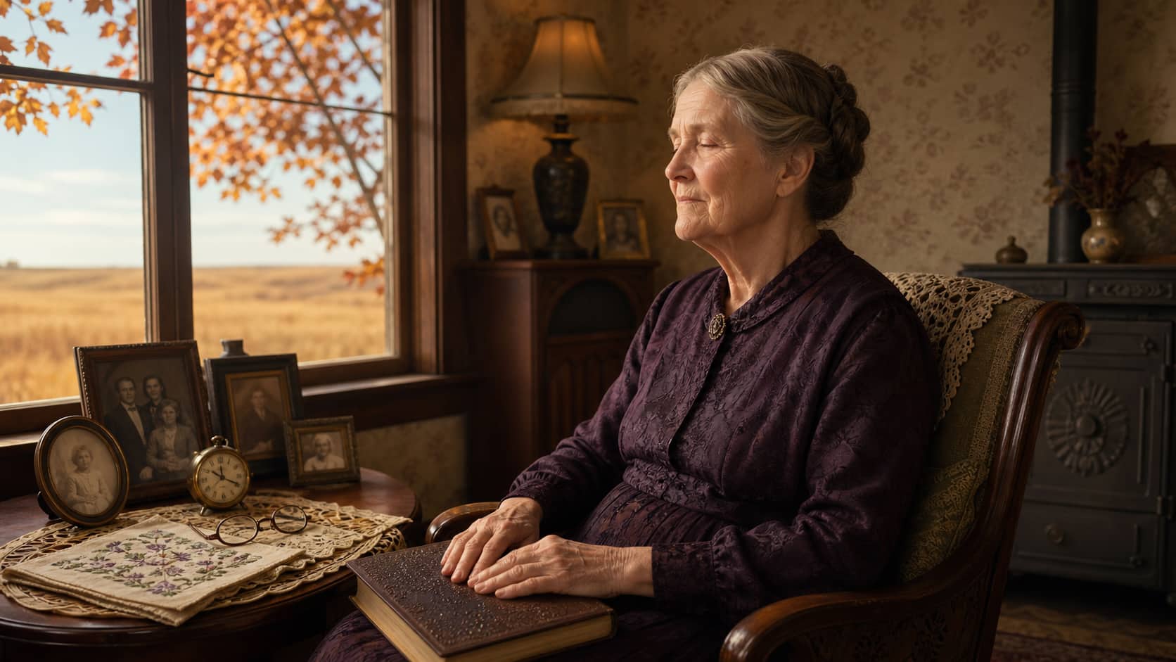 Mary Ingalls portrayed with a tactile book, needlework, and family photographs in autumn.