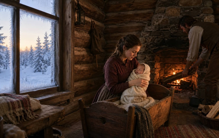 Newborn Mary Ingalls with her parents in a snowy Wisconsin log cabin.