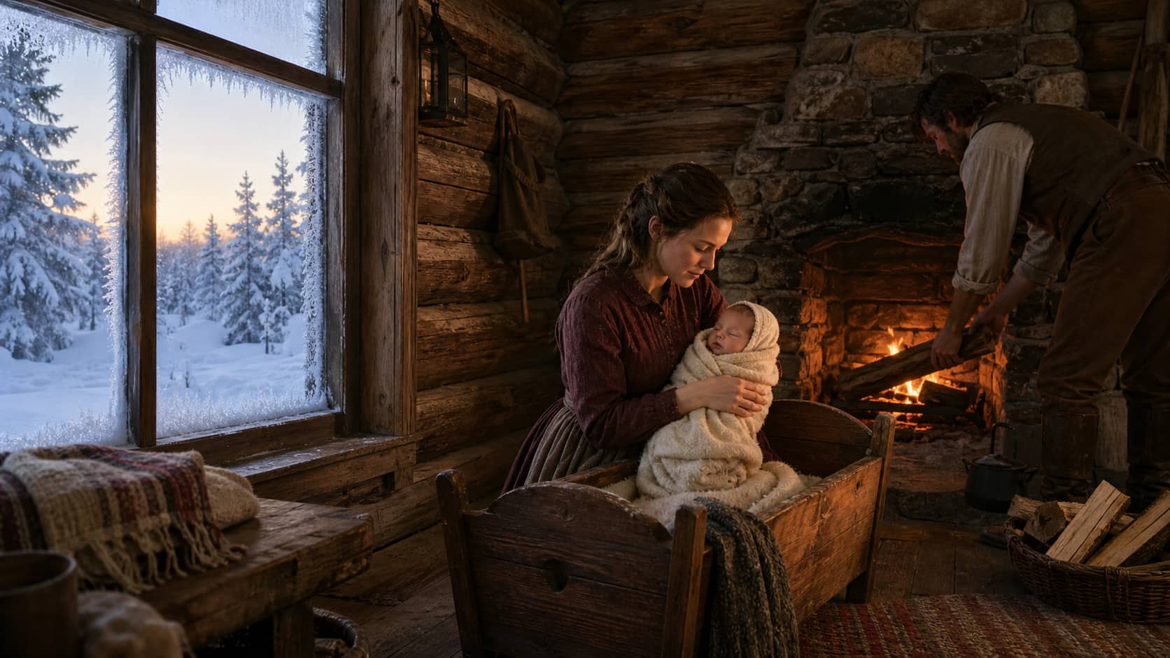 Newborn Mary Ingalls with her parents in a snowy Wisconsin log cabin.